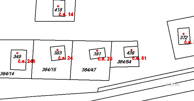 Chvalčov 25 na parcele st. 381 v KÚ Chvalčova Lhota, Katastrální mapa