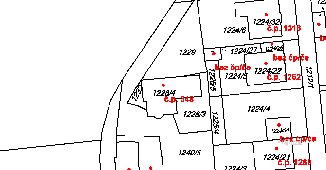 Hulín 348 na parcele st. 1228/4 v KÚ Hulín, Katastrální mapa