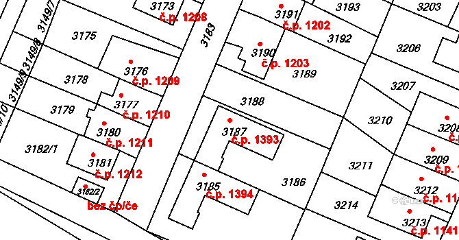 Děčín VI-Letná 1393, Děčín na parcele st. 3187 v KÚ Podmokly, Katastrální mapa