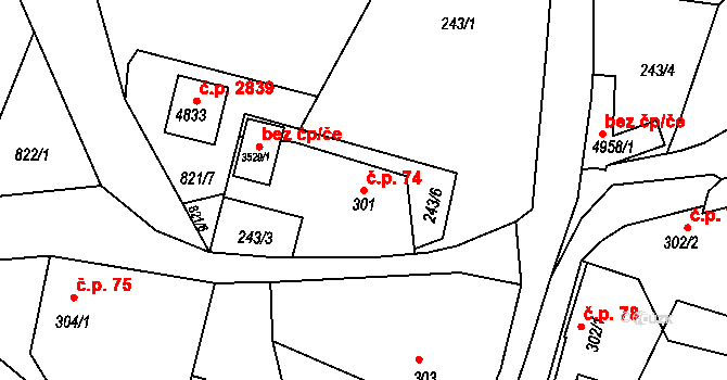 Rožnov pod Radhoštěm 74 na parcele st. 301 v KÚ Rožnov pod Radhoštěm, Katastrální mapa