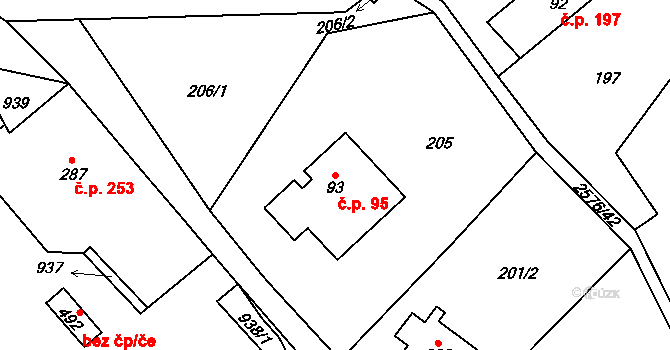 Hnátnice 95 na parcele st. 93 v KÚ Hnátnice, Katastrální mapa