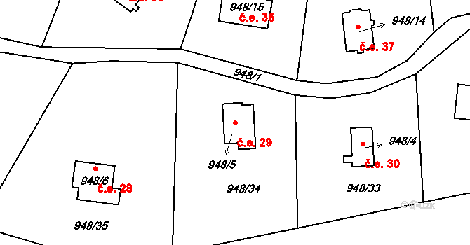 Semice 29 na parcele st. 948/5 v KÚ Semice nad Labem, Katastrální mapa