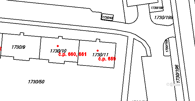 Miřetice u Klášterce nad Ohří 659, Klášterec nad Ohří na parcele st. 1730/11 v KÚ Miřetice u Klášterce nad Ohří, Katastrální mapa