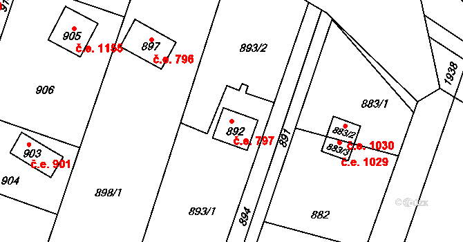 Mostkovice 797 na parcele st. 892 v KÚ Stichovice, Katastrální mapa