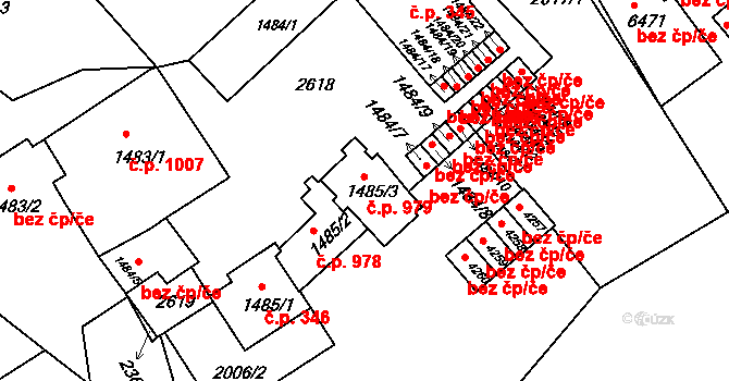 Stařečka 979, Třebíč na parcele st. 1485/3 v KÚ Třebíč, Katastrální mapa