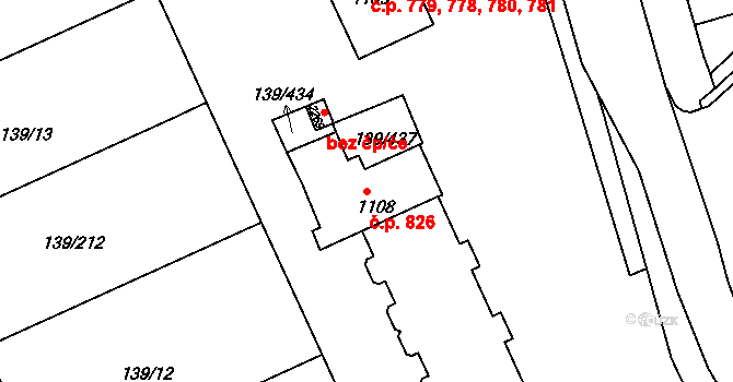 Podklášteří 826, Třebíč na parcele st. 1108 v KÚ Podklášteří, Katastrální mapa