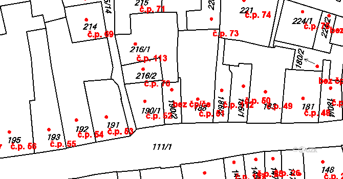 Zámostí 52, Třebíč na parcele st. 190/1 v KÚ Podklášteří, Katastrální mapa
