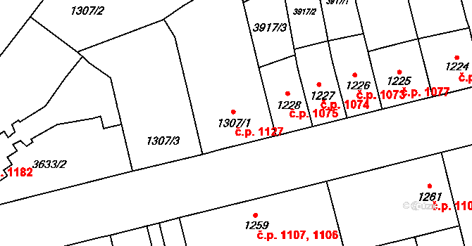 Břeclav 1127 na parcele st. 1307/1 v KÚ Břeclav, Katastrální mapa