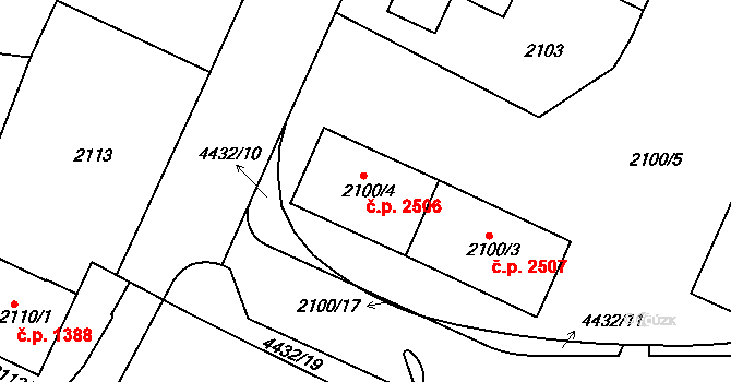 Teplice 2506 na parcele st. 2100/4 v KÚ Teplice, Katastrální mapa