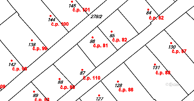 Milostín 81 na parcele st. 86 v KÚ Milostín, Katastrální mapa
