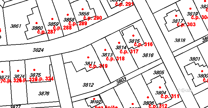 Záběhlice 318, Praha na parcele st. 3813 v KÚ Záběhlice, Katastrální mapa