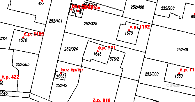 Rosice 711 na parcele st. 1648 v KÚ Rosice u Brna, Katastrální mapa