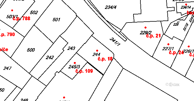 Fryštát 18, Karviná na parcele st. 244 v KÚ Karviná-město, Katastrální mapa