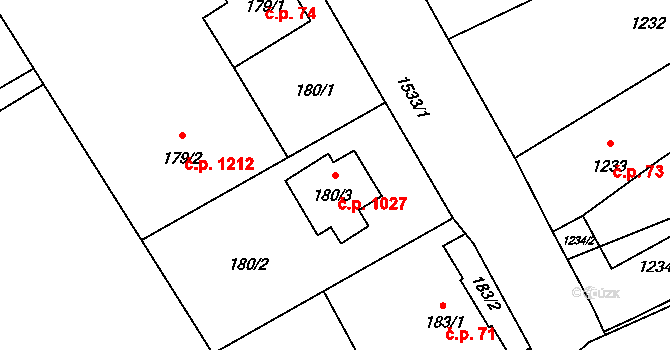 Ráj 1027, Karviná na parcele st. 180/3 v KÚ Ráj, Katastrální mapa