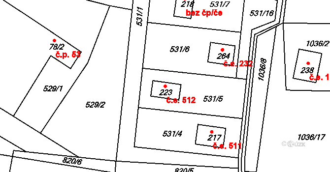 Lukoveček 512 na parcele st. 223 v KÚ Lukoveček, Katastrální mapa