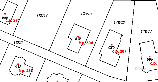 Černý Vůl 304, Statenice na parcele st. 676 v KÚ Statenice, Katastrální mapa