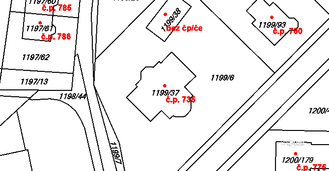 Vejprnice 735 na parcele st. 1199/37 v KÚ Vejprnice, Katastrální mapa