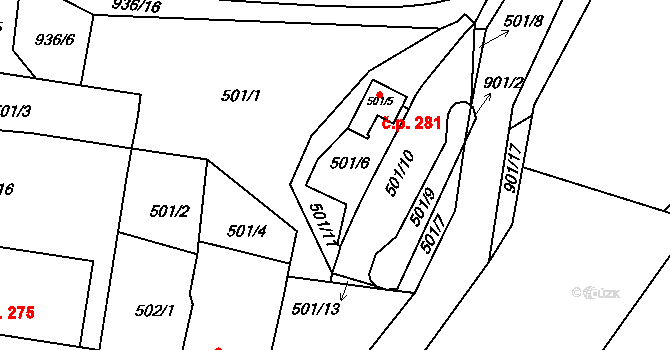 Poběžovice 281 na parcele st. 501/5 v KÚ Poběžovice u Domažlic, Katastrální mapa