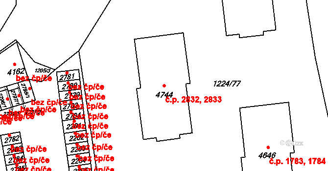 Rožnov pod Radhoštěm 2832,2833 na parcele st. 4744 v KÚ Rožnov pod Radhoštěm, Katastrální mapa