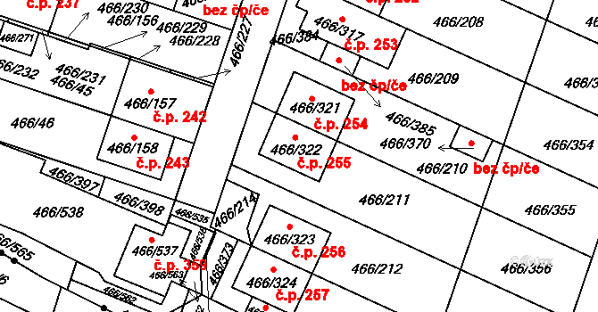 Rebešovice 255 na parcele st. 466/322 v KÚ Rebešovice, Katastrální mapa
