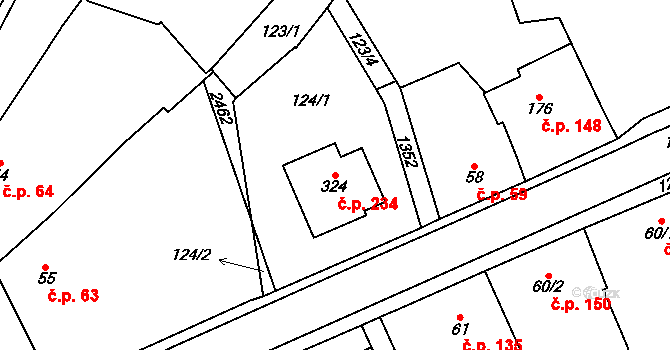 Mlázovice 234 na parcele st. 324 v KÚ Mlázovice, Katastrální mapa