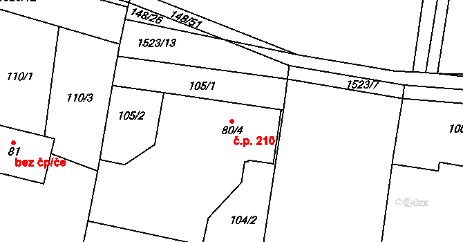 Písková Lhota 210 na parcele st. 80/4 v KÚ Písková Lhota u Poděbrad, Katastrální mapa