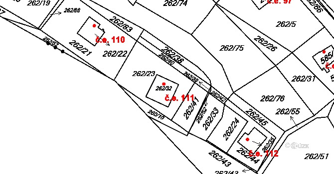 Tušimice 111, Kadaň na parcele st. 262/32 v KÚ Tušimice, Katastrální mapa