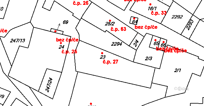 Hradešice 27 na parcele st. 23 v KÚ Hradešice, Katastrální mapa