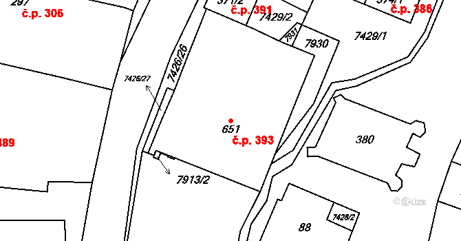 Dambořice 393 na parcele st. 651 v KÚ Dambořice, Katastrální mapa