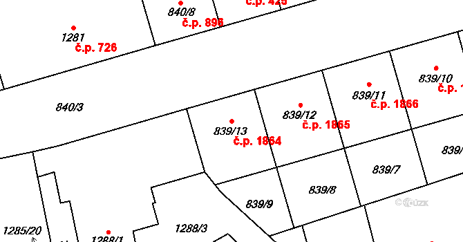 Moravská Ostrava 1864, Ostrava na parcele st. 839/13 v KÚ Moravská Ostrava, Katastrální mapa