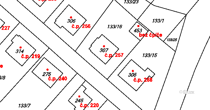 Bohdalov 257 na parcele st. 307 v KÚ Bohdalov, Katastrální mapa