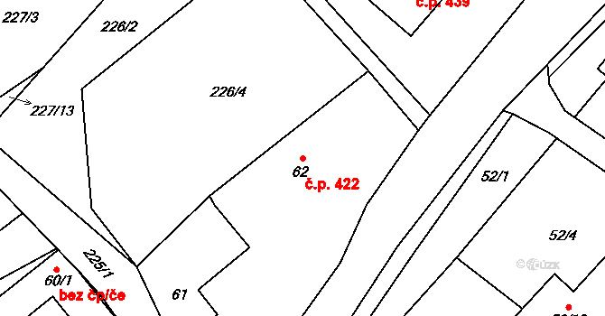 Pustina 422, Měřín na parcele st. 62 v KÚ Pustina u Měřína, Katastrální mapa