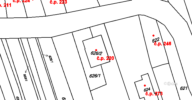 Kobeřice u Brna 220 na parcele st. 626/2 v KÚ Kobeřice u Brna, Katastrální mapa