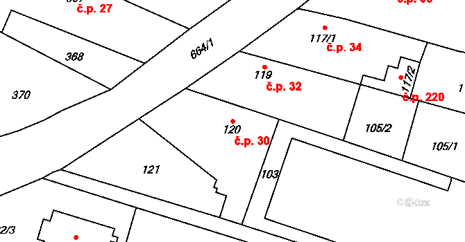 Chlebičov 30 na parcele st. 120 v KÚ Chlebičov, Katastrální mapa
