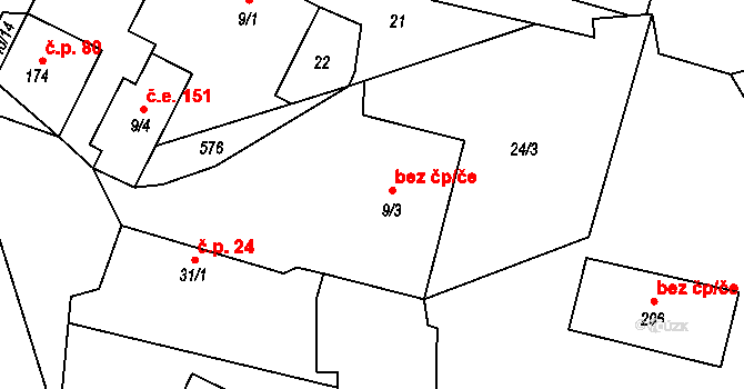 Chocerady 45388881 na parcele st. 9/3 v KÚ Samechov, Katastrální mapa