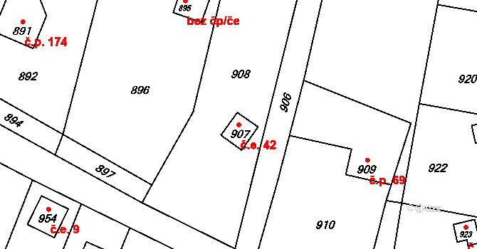 Hrachovec 42, Valašské Meziříčí na parcele st. 907 v KÚ Hrachovec, Katastrální mapa