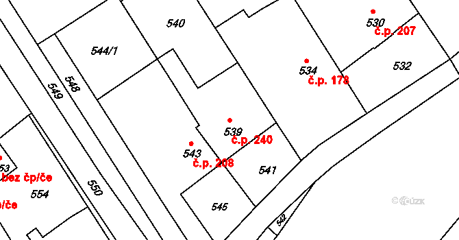 Pustiměřské Prusy 240, Pustiměř na parcele st. 539 v KÚ Pustiměř, Katastrální mapa