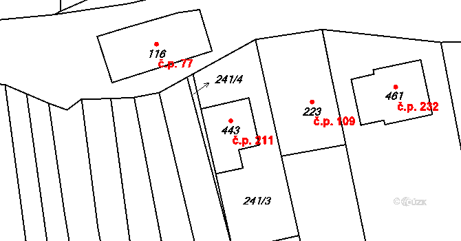 Veletiny 211 na parcele st. 443 v KÚ Veletiny, Katastrální mapa