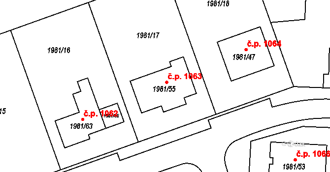 Nivnice 1063 na parcele st. 1981/55 v KÚ Nivnice, Katastrální mapa