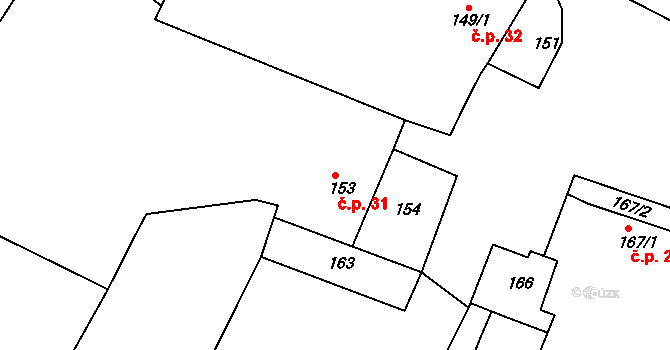 Polerady 31 na parcele st. 153 v KÚ Polerady, Katastrální mapa