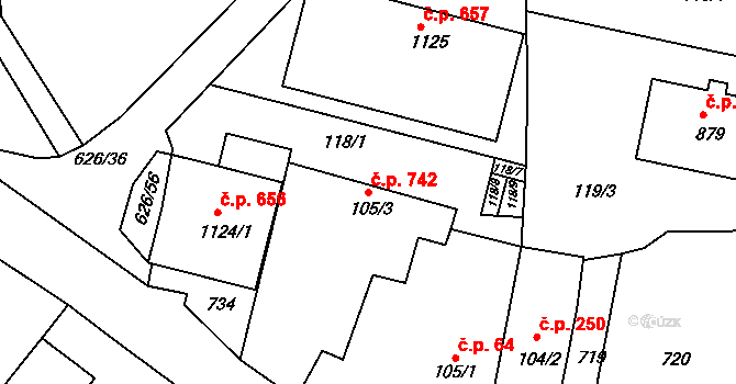Klecany 742 na parcele st. 105/3 v KÚ Klecany, Katastrální mapa