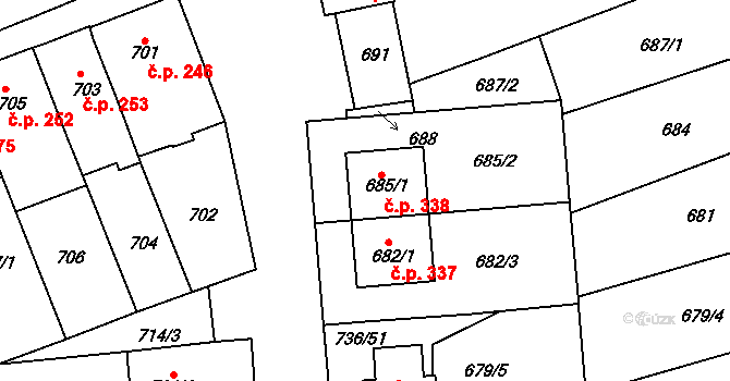 Velešovice 338 na parcele st. 685/1 v KÚ Velešovice, Katastrální mapa
