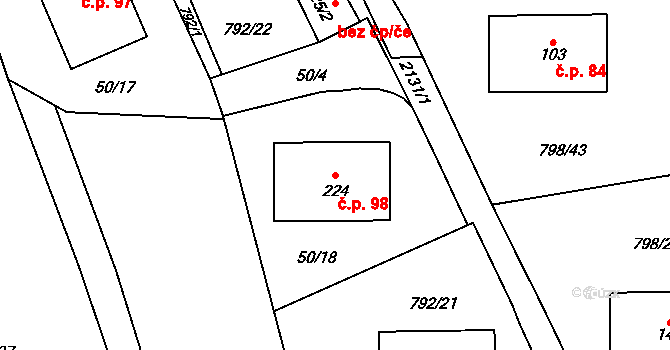 Žichlice 98, Hromnice na parcele st. 224 v KÚ Žichlice u Hromnic, Katastrální mapa