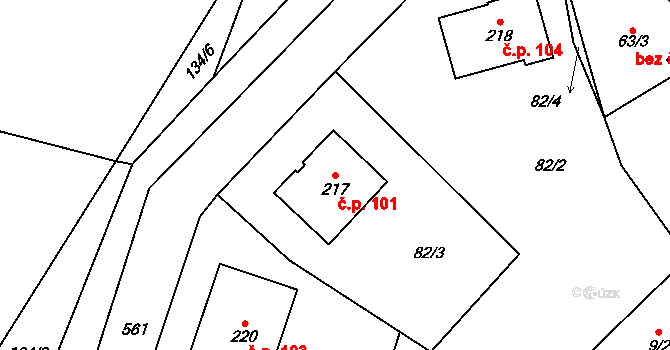 Slavice 101, Třebíč na parcele st. 217 v KÚ Slavice, Katastrální mapa