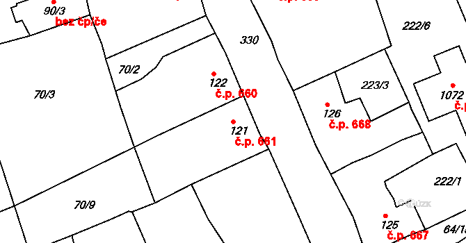 Rudná 661 na parcele st. 121 v KÚ Hořelice, Katastrální mapa