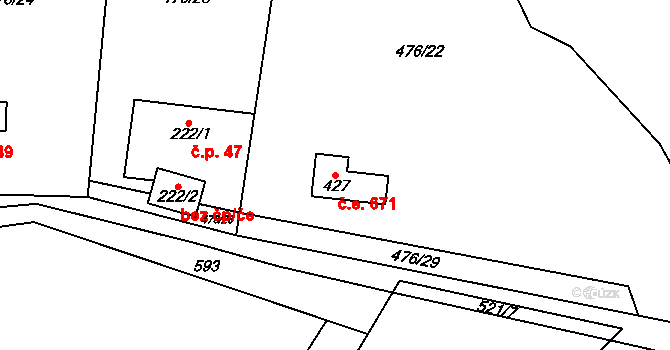 Solopisky 671, Třebotov na parcele st. 427 v KÚ Třebotov, Katastrální mapa