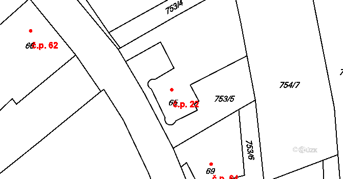 Ježovy 22 na parcele st. 65 v KÚ Ježovy, Katastrální mapa