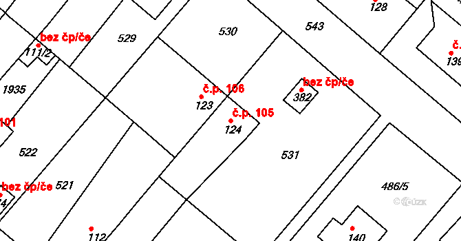 Hrádek 105 na parcele st. 124 v KÚ Hrádek u Rokycan, Katastrální mapa