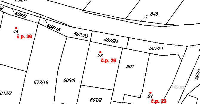 Bítov 26, Přehýšov na parcele st. 23 v KÚ Bítov u Přehýšova, Katastrální mapa