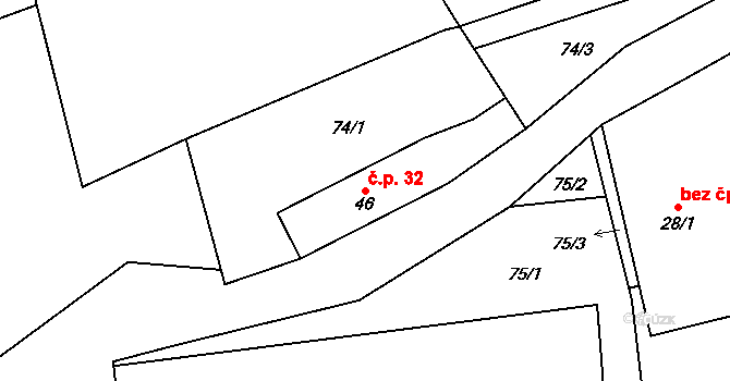 Radimovice 32, Všeruby na parcele st. 46 v KÚ Radimovice u Všerub, Katastrální mapa